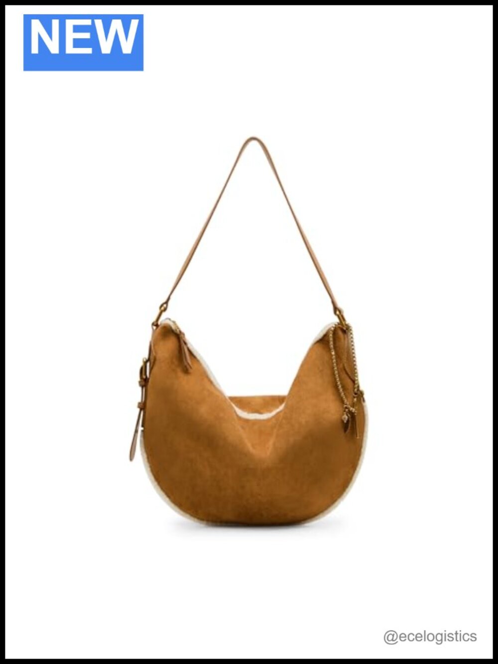 Faux Suede Hobo with Sherpa Trim Removable Charms Adjustable Strap